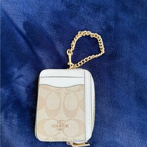 Coach Signature Beige and White Card Holder with Gold Chain